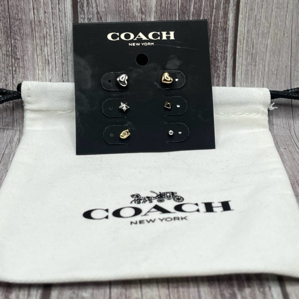 NWT COACH Mixed Metallic Stud Earring Set of 6 Gold & Silver - w/ Dust Bag